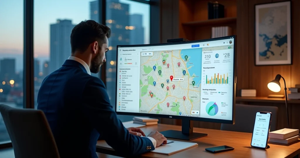 Advogado analisando mapa digital com destaque para localização do escritório jurídico