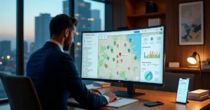 Advogado analisando mapa digital com destaque para localização do escritório jurídico