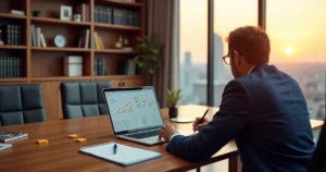 Advogado em escritório moderno analisando estratégias de marketing jurídico ético