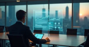 Advogada analisando estratégia de marketing jurídico em painel digital